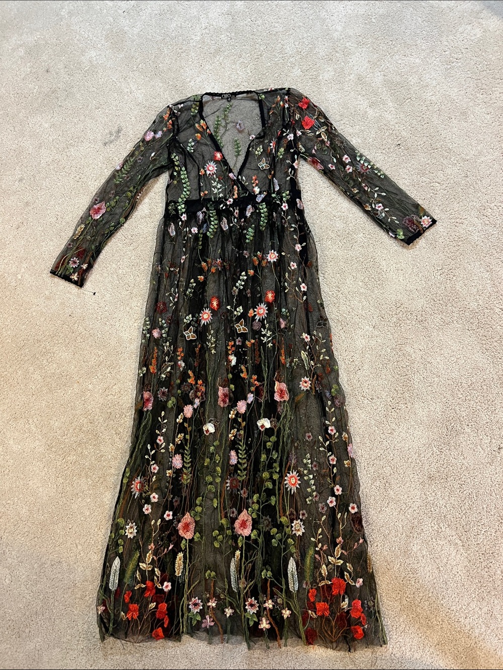 cleo Black Mesh Maxi Dress with Multicolor Floral Embroidery